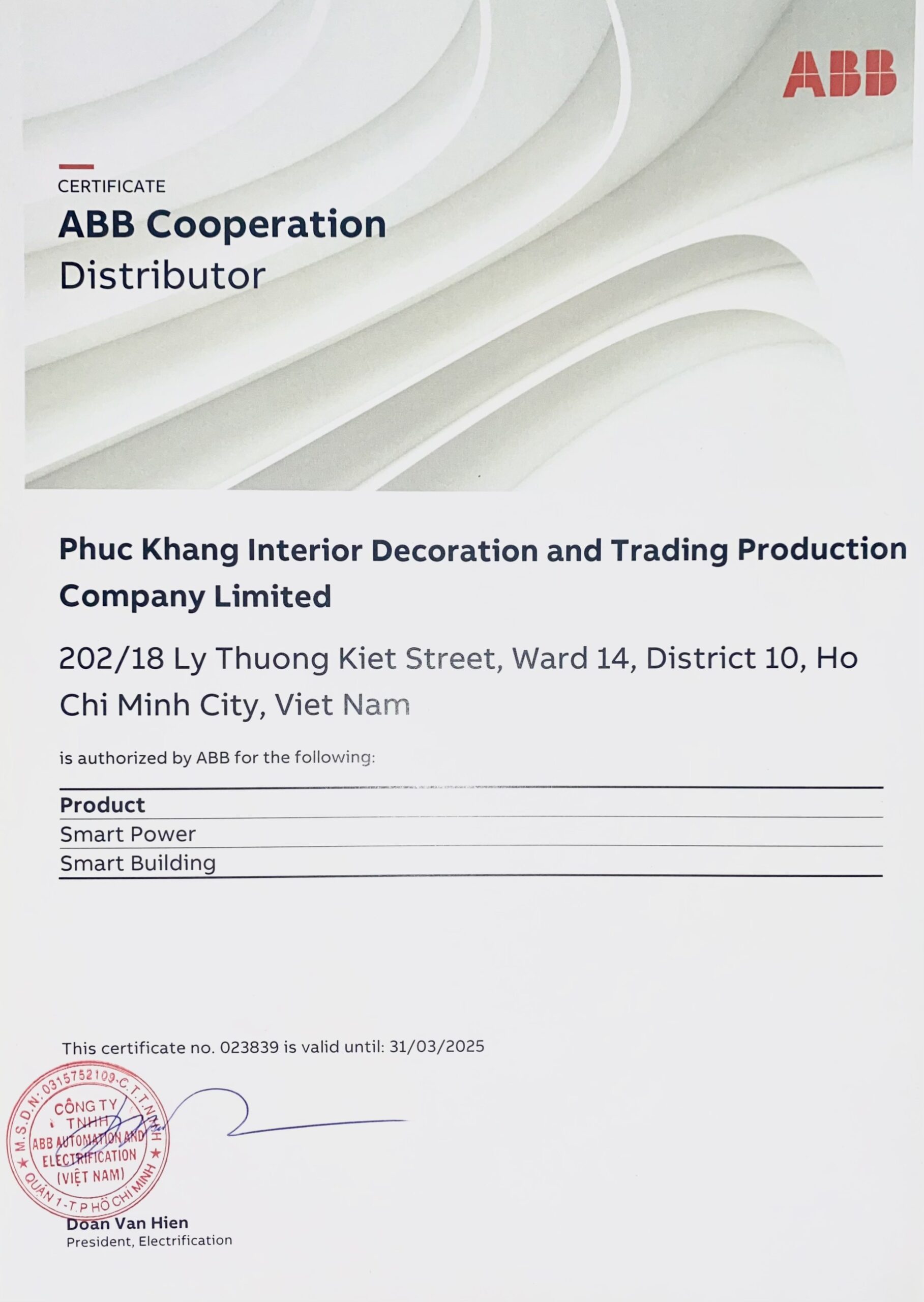 Giấy Chứng Nhận Nhà Phân Phối Phúc Khang - ABB